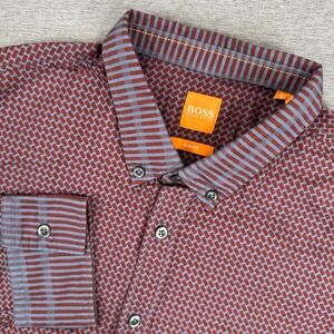 Hugo Boss Shirt Mens L Slim Fit Burgundy Geometric AOP Orange Label Button Down